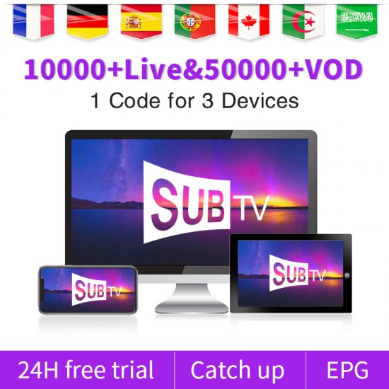 France IPTV SUB Abonnement 12 mois SUBTV One Code 3 Lines Lxtream Smart IPTV Smarters pro M3U List Xtream